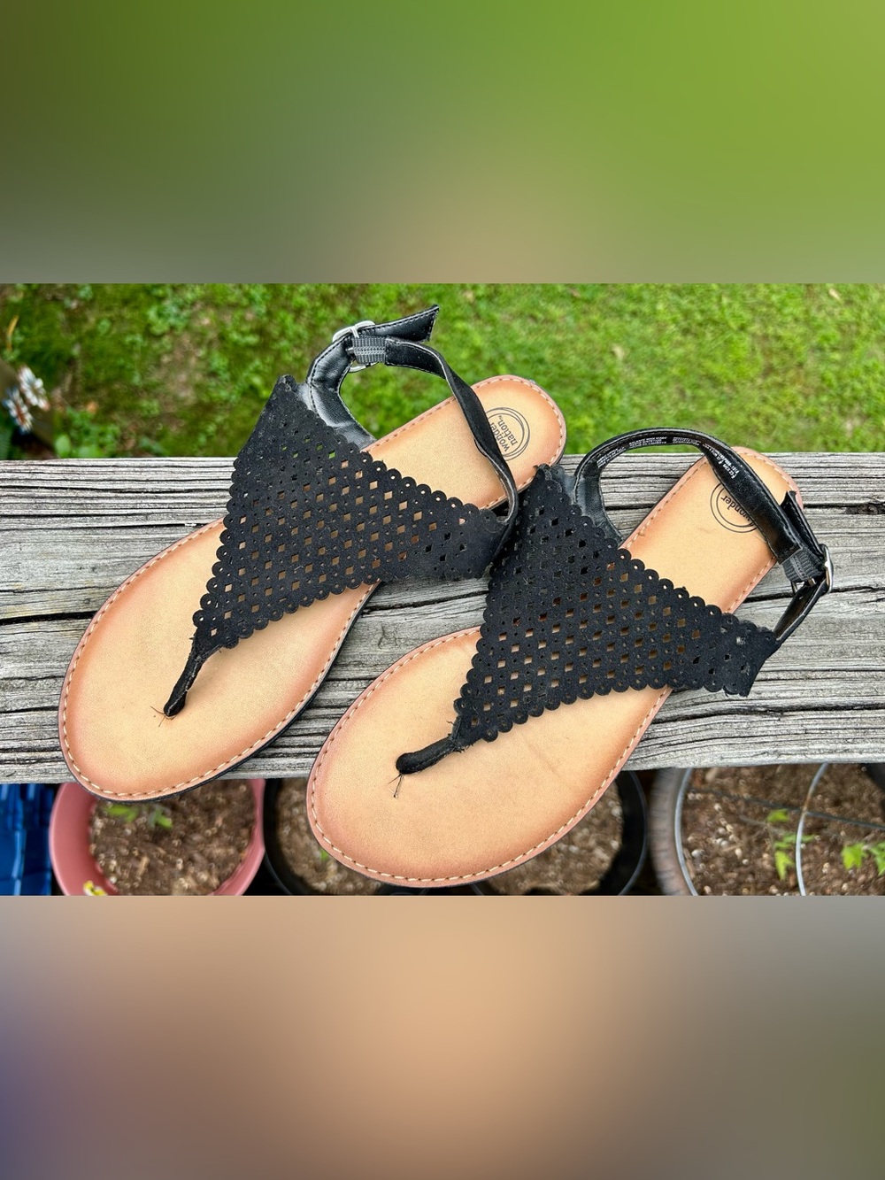 wonder nation Black Perforated T-Strap Sandals